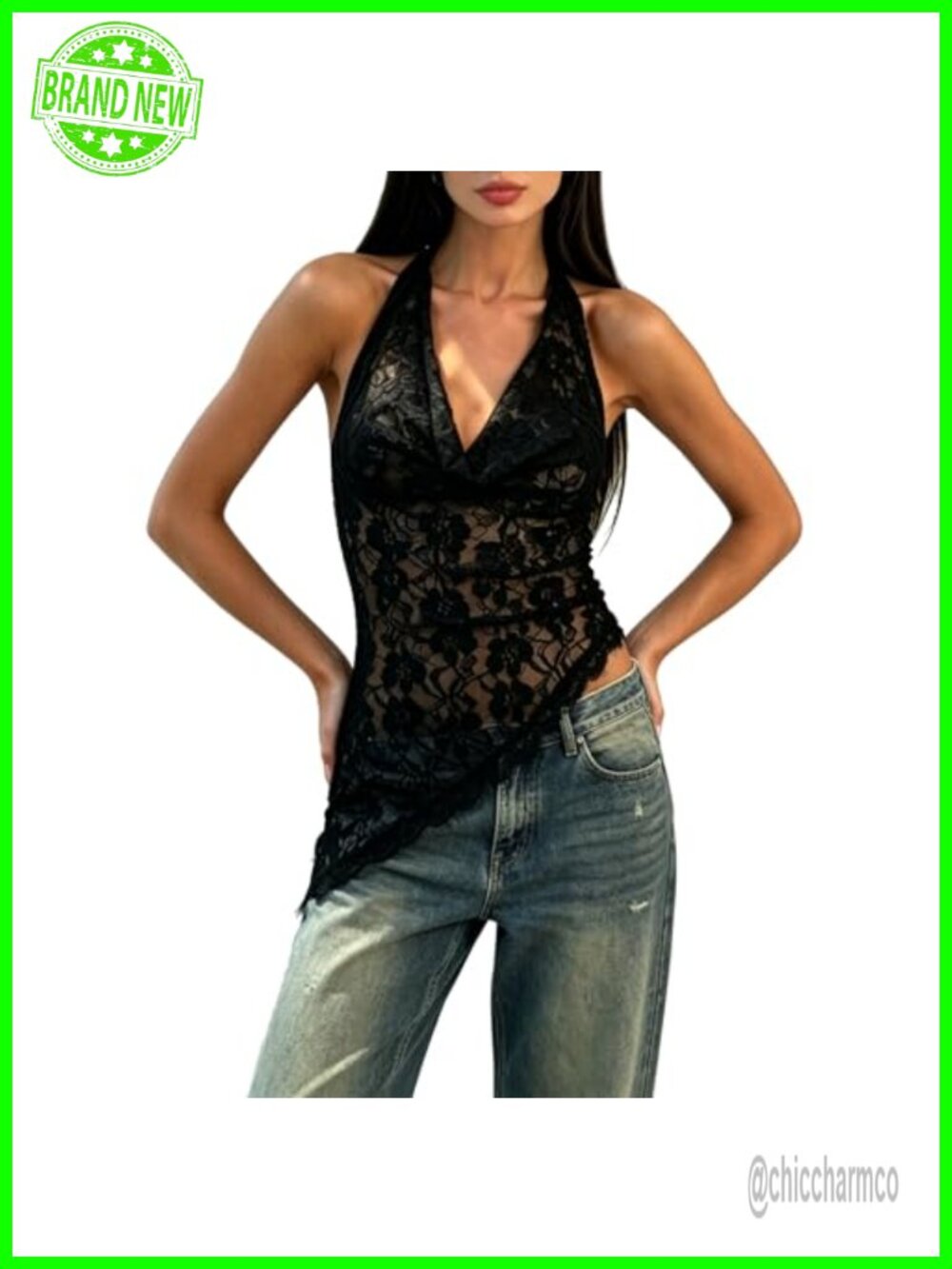 Women's Asymmetrical Lace Halter Top Sheer Floral Mesh Backless Cami